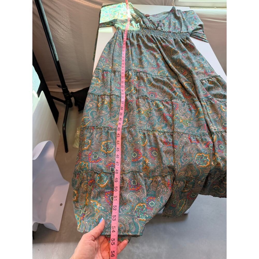 Anthropologie Boemo Green midi dress Paisley Tiered smocked Size L  Boho Regency - Picture 9 of 11